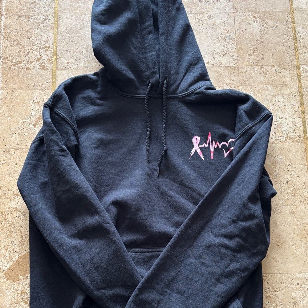 Black Hoodie with Pink Ribbon Heartbeat Graphic - Women Sweater